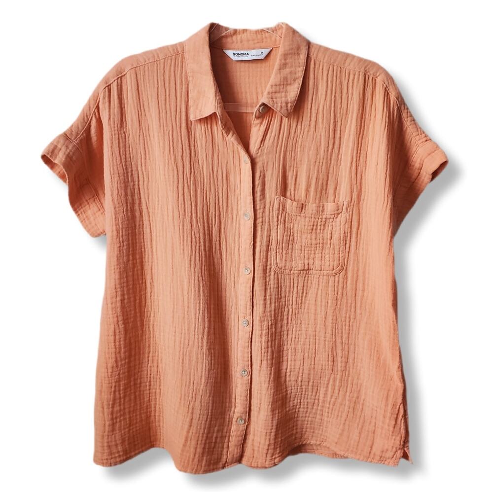 Women Sonoma Pastel Gauze Cotton Camp Shirt M Coastal Beach Summer Casual NEW